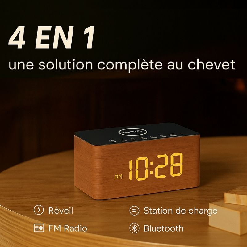 Réveil en Bois avec Haut-Parleur & Écran LED – Eléva