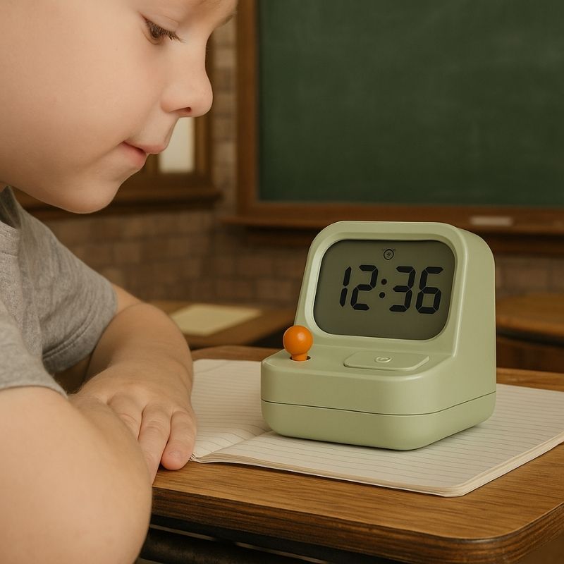 Enfant regardant le réveil vert sur une table en bois – TopRéveil