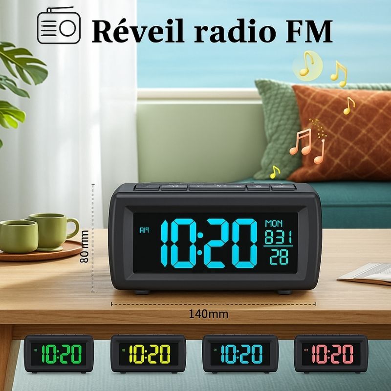 Réveil FM multicolore avec port USB intégré