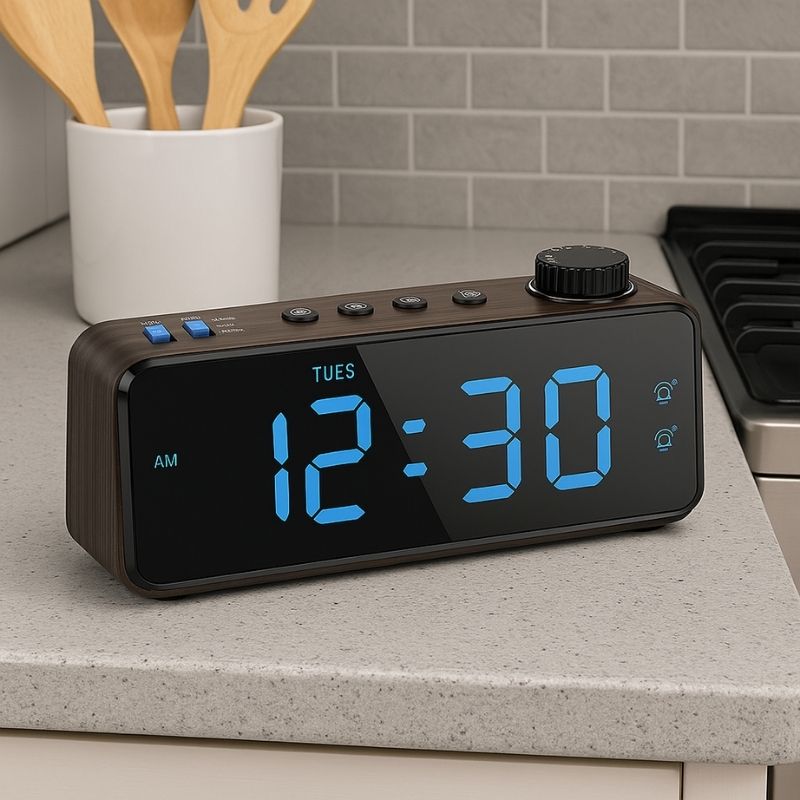 radio-réveil Clario noir sur un meuble de cuisine ou bureau