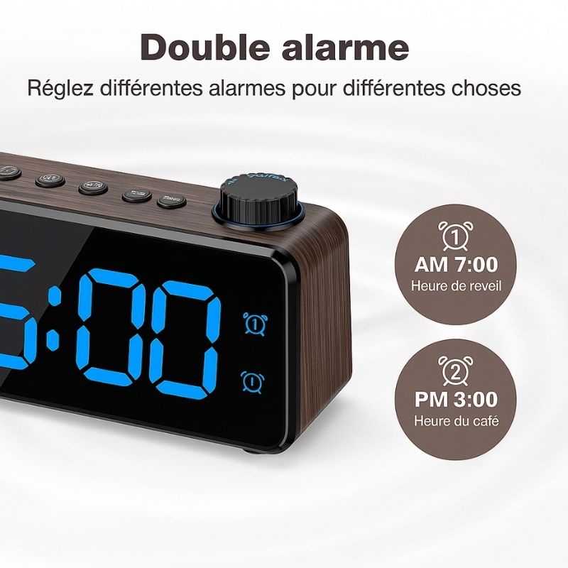 double alarme programmable du réveil Clario avec modes jour ouvré et week-end