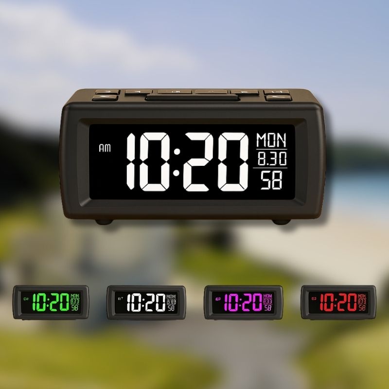 Réveil FM noir avec double alarme visible