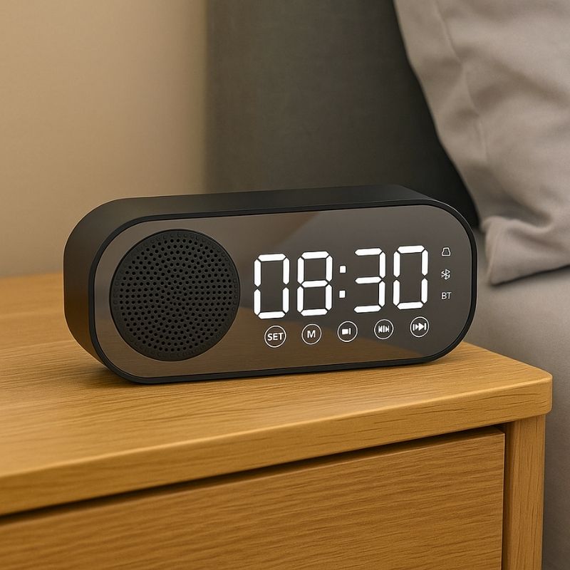 Réveil EumBeat noir posé sur une table de chevet en bois