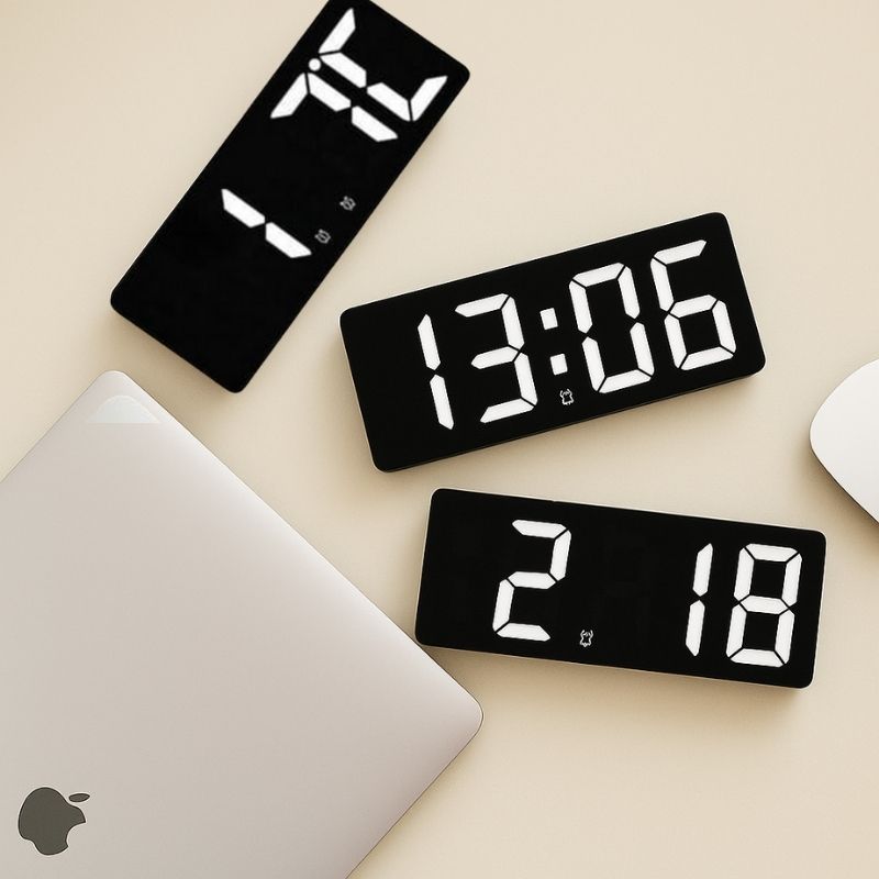 Réveil digital noir avec indication des dimensions – Format compact