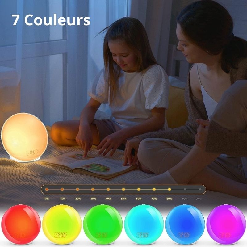 Réveil lumière colorée utilisé par des enfants avec affichage LED et 7 couleurs