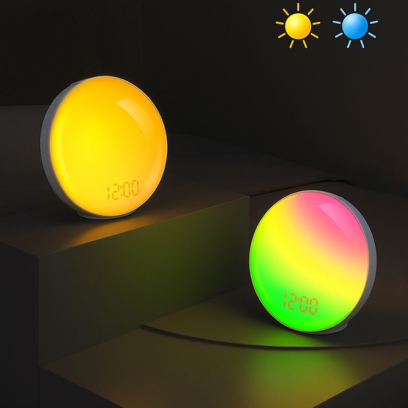 Réveil simulateur d’aube posé sur lit avec lumière arc-en-ciel personnalisable