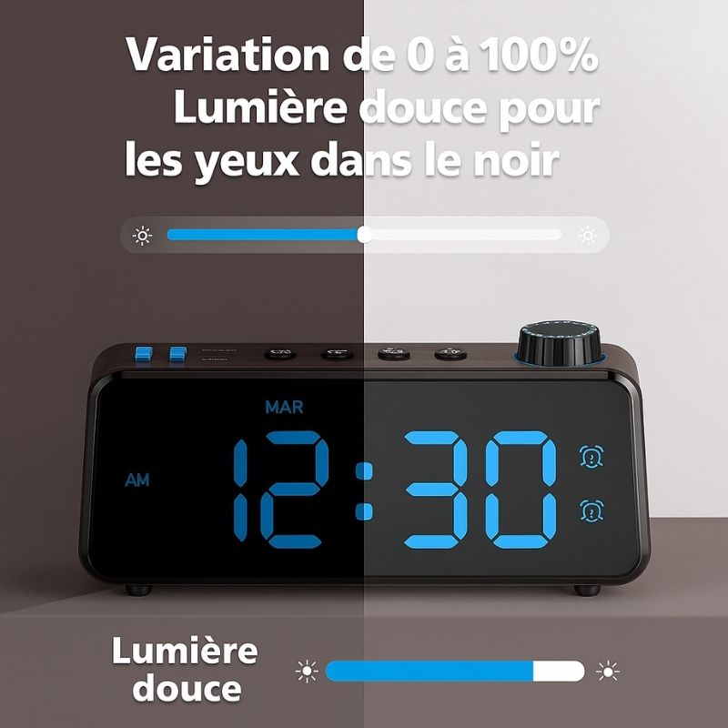 affichage LED du réveil Clario avec molette de réglage de luminosité