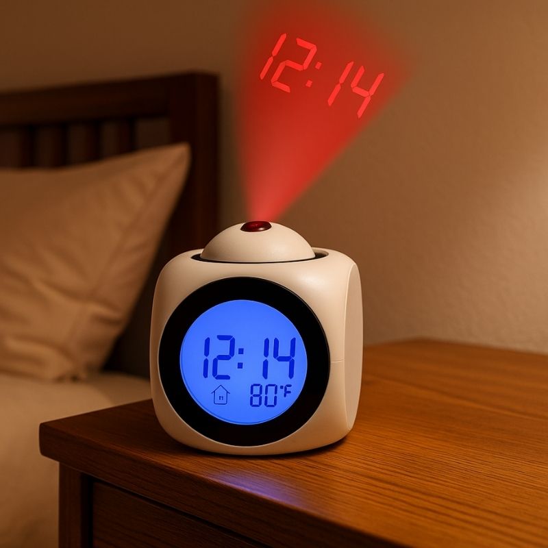 Réveil projecteur blanc avec écran LCD bleu – Heure 12:14