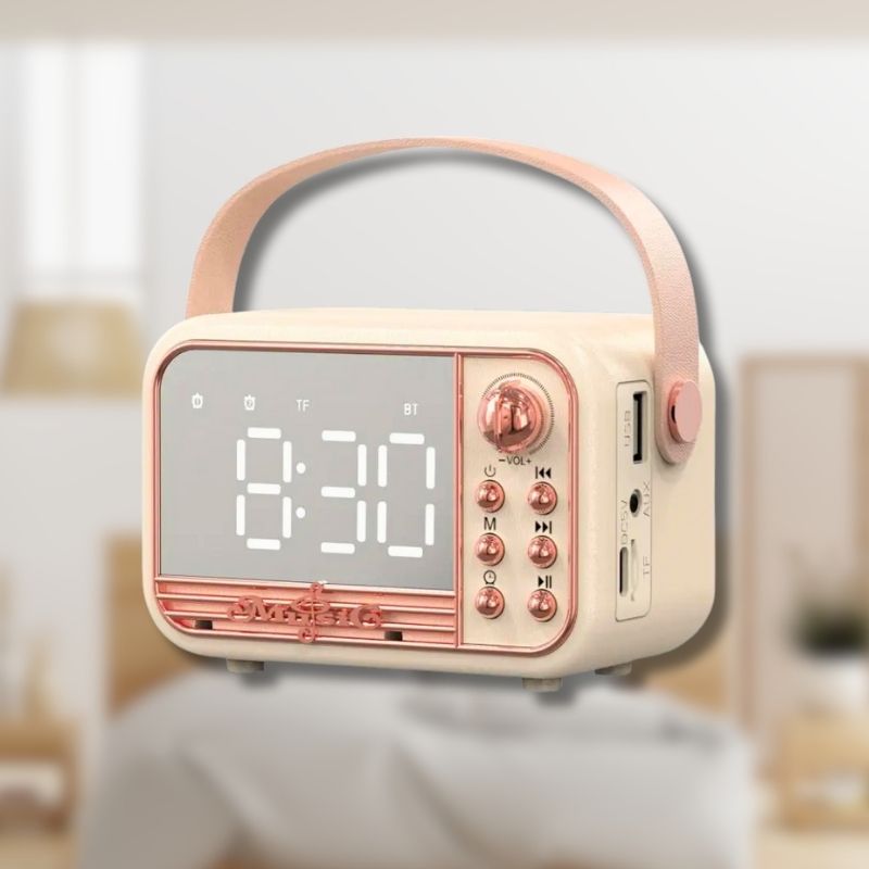 Réveil compact rétro avec poignée et haut-parleur intégré – RetroWave